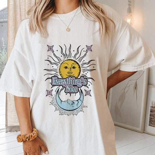 Sun and Moon Print Women's Short Sleeve T-shirt