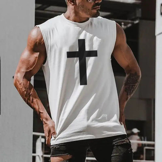 Cross Printed Men's Streetwear Casual Tank Top-C