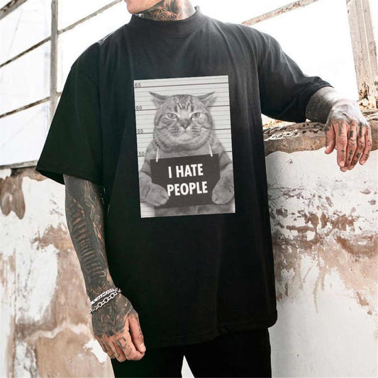 Men's Funny Cat Print Oversized T-shirt