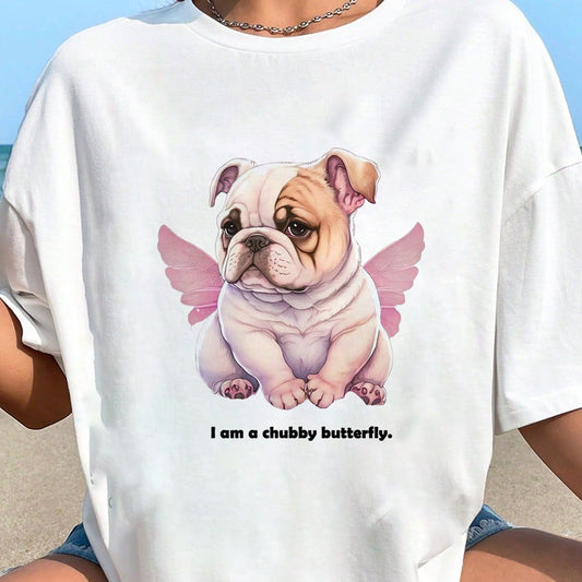 Chubby Butterfly Funny Bulldog Print Lady's Tee