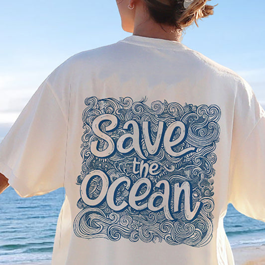 Save the Ocean Wave Pattern Print Women's T-shirt