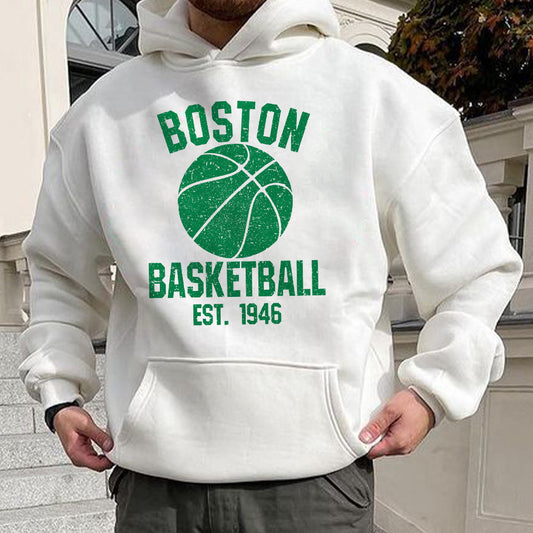 "BOSTON" Basketball Graphic Print Men's Casual Hooded Sweatshirt